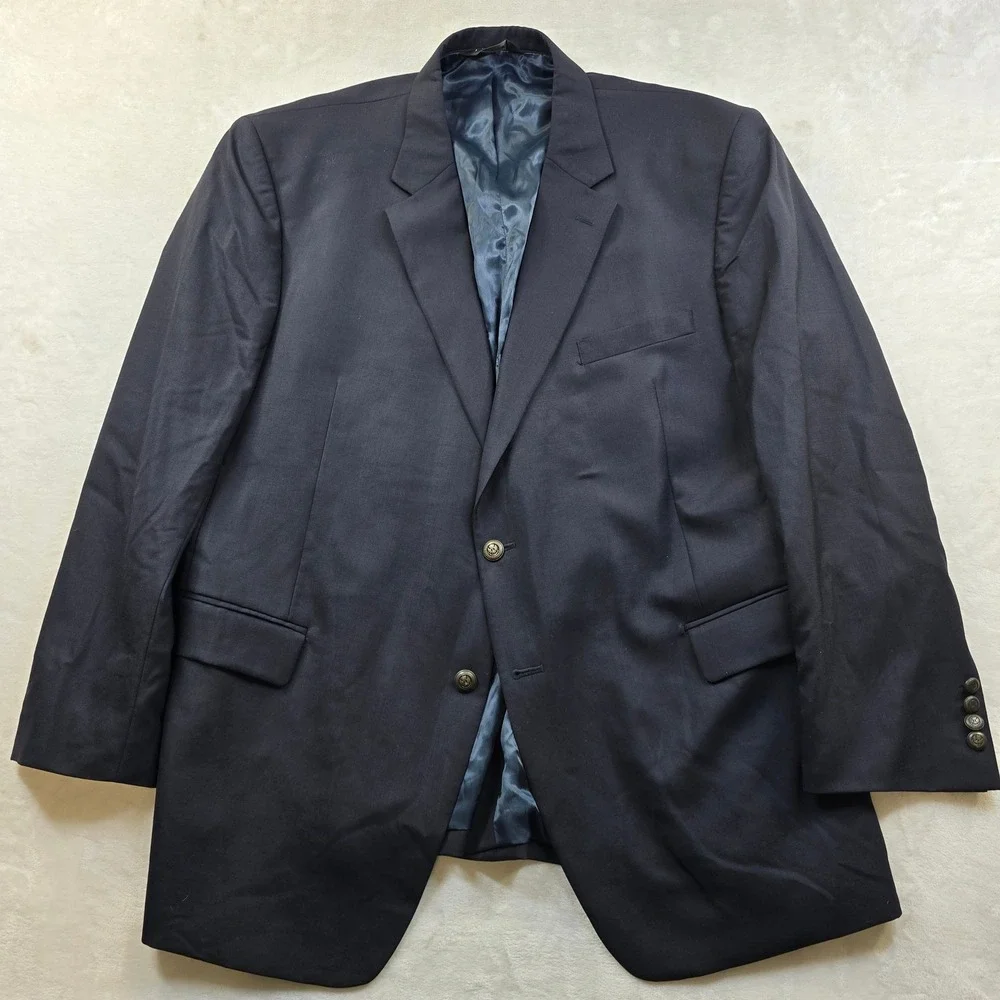 JoS A Bank Wool Blazer Mens 50R‎ Navy Blue Metal Gold Crest Buttons Sport Coat